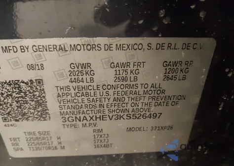 2019 Chevrolet Equinox Ls z USA, uszkodzony, nr VIN 3GNAXHEV3KS526497